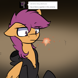 Size: 750x750 | Tagged: safe, artist:conmanwolf, scootaloo, pegasus, pony, ask factory scootaloo, fanfic:rainbow factory, g4, clothes, comic, factory scootaloo, mouth hold, sparkler (firework)