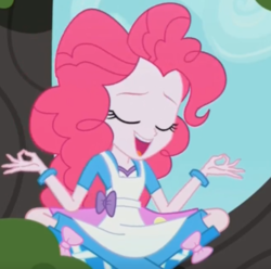 Size: 742x735 | Tagged: safe, screencap, pinkie pie, eqg summertime shorts, equestria girls, g4, the art of friendship, apron, clothes, eyes closed, lotus position, meditating, tree, zen