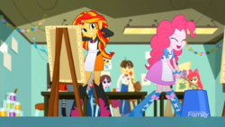 Size: 1366x768 | Tagged: safe, screencap, apple bloom, pinkie pie, sunset shimmer, wiz kid, equestria girls, g4, my little pony equestria girls: summertime shorts, the art of friendship, annoyed, apron, clothes, covering, drum sticks