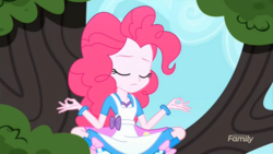 Size: 1366x768 | Tagged: safe, screencap, pinkie pie, equestria girls, g4, my little pony equestria girls: summertime shorts, the art of friendship, lotus position, meditating, tree, yoga, zen