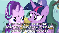 Size: 1280x721 | Tagged: safe, edit, edited screencap, screencap, starlight glimmer, twilight sparkle, alicorn, pony, fame and misfortune, g4, buy our toys, grammar error, image macro, meme, twilight sparkle (alicorn)