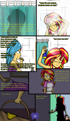 Size: 2796x4859 | Tagged: safe, artist:deannaphantom13, sunset shimmer, comic:equestrian city, equestria girls, g4, apron, bag, bathroom, brushing teeth, clothes, comic, equestrian city, female, hairspray, high res, shower, solo, toothbrush
