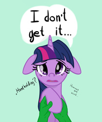 Size: 1000x1191 | Tagged: safe, artist:yukkuripalehorse, twilight sparkle, oc, oc:anon, human, pony, g4, bedroom eyes, cute, daaaaaaaaaaaw, dialogue, female, floppy ears, green background, holding hooves, human male, human on pony hoof holding, looking at you, male, mare, offscreen character, pov, simple background, twiabetes, yukkuripalehorse is trying to murder us