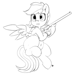 Size: 1280x1280 | Tagged: safe, artist:pabbley, pegasus, pony, 30 minute art challenge, belly button, flying, gun, monochrome, rifle, solo, weapon