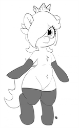 Size: 1180x1920 | Tagged: safe, artist:pabbley, earth pony, pony, 30 minute art challenge, belly button, bipedal, chest fluff, clothes, grayscale, hair over one eye, monochrome, ponified, princess rosalina, pubic mound, rosalina, solo, stockings, super mario bros., thigh highs