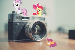 Size: 2726x1805 | Tagged: safe, artist:rustynugget616, apple bloom, scootaloo, sweetie belle, earth pony, pony, g4, camera, cutie mark crusaders, irl, micro, photo, ponies in real life, tiny ponies