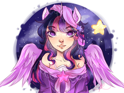 Size: 800x600 | Tagged: safe, artist:pinkymynery2212, twilight sparkle, alicorn, human, g4, alicorn humanization, clothes, female, horn, horned humanization, humanized, looking at you, night, smiling, solo, stars, twilight sparkle (alicorn), winged humanization, wings