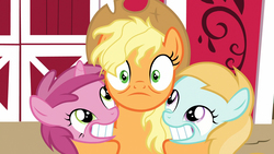 Size: 1920x1080 | Tagged: safe, screencap, applejack, rosy gold, ruby pinch, earth pony, pony, unicorn, fame and misfortune, g4, apple family admirers, background pony, barn, faic, family, female, filly, foal, grin, looking at you, slasher smile, smiling, stressed, sweet apple acres, that pony sure does love her family
