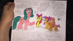 Size: 960x540 | Tagged: safe, artist:chris chan, apple bloom, babs seed, scootaloo, sweetie belle, oc, oc:miss night star, pony, g4, chris chan, cutie mark crusaders, hand, traditional art