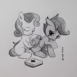 Size: 1248x1248 | Tagged: safe, artist:sprinklebun, scootaloo, sweetie belle, pony, g4, bandage, bandaid, first aid kit, grayscale, injured, monochrome, pencil drawing, scootalove, simple background, traditional art, white background