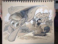 Size: 1024x768 | Tagged: safe, artist:andypriceart, rainbow dash, scootaloo, pegasus, pony, g4, colored pencil drawing, duo, female, filly, flying, grayscale, implied sweetie belle, looking back, mare, marker drawing, monochrome, photo, scooter, toned paper, traditional art, yelling