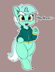 Size: 3786x5000 | Tagged: safe, artist:pabbley, lyra heartstrings, pony, unicorn, semi-anthro, g4, 30 minute art challenge, absurd resolution, belly button, bipedal, brown background, clothes, cute, ear fluff, female, frog (hoof), heart, jacket, looking at you, lyrabetes, mare, simple background, solo, speech, underhoof, waving
