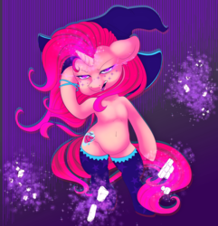 Size: 1716x1780 | Tagged: safe, artist:ponycide, oc, oc only, oc:hazel charm, pony, unicorn, belly button, bipedal, clothes, female, glowing eyes, hat, magic, mare, socks, solo, witch, witch hat