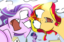 Size: 1500x1000 | Tagged: safe, artist:zouyugi, starlight glimmer, sunset shimmer, twilight sparkle, pony, unicorn, g4, angry, floppy ears, headbutt, looking at each other, open mouth, smiling