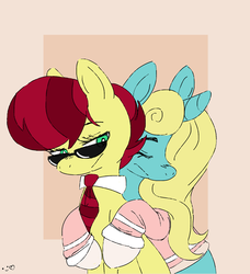 Size: 1280x1406 | Tagged: safe, artist:robiinart, oc, oc only, oc:aces high, oc:seafoam breeze, earth pony, pony, unicorn, clothes, commission, female, hug, mare, necktie, shirt, simple background, socks, sunglasses