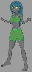 Size: 319x707 | Tagged: safe, artist:phallen1, queen chrysalis, changeling, human, g4, animated, atg 2017, barefoot, blinking, clothes, compression shorts, disguise, disguised changeling, fake cadance, feet, female, gif, glowing horn, grey skin, horn, humanized, newbie artist training grounds, solo, sports bra, transformation