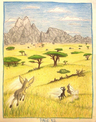 Size: 1080x1376 | Tagged: safe, artist:thefriendlyelephant, oc, oc only, oc:kekere, oc:sabe, oc:uganda, antelope, dik dik, giant sable antelope, giraffe, rhinoceros, comic:sable story, acacia tree, africa, animal in mlp form, bush, cloud, cloven hooves, comic, dead tree, depth of field, fluffy, grassland, hill, horns, log, mountain, perspective, pronking, rock, savanna, speed lines, traditional art, tree