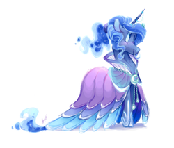 Size: 827x704 | Tagged: safe, artist:longmuzzlepony, princess luna, pony, g4, alternate hairstyle, clothes, dress, female, horn, horn jewelry, jewelry, simple background, solo, white background