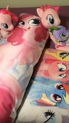 Size: 1080x1920 | Tagged: safe, fluttershy, pinkie pie, rainbow dash, rarity, spike, dragon, g4, body pillow, build-a-bear, irl, merchandise, photo, plushie