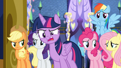 Size: 1920x1080 | Tagged: safe, screencap, applejack, fluttershy, pinkie pie, rainbow dash, rarity, twilight sparkle, alicorn, pony, fame and misfortune, g4, annoyed, crystal, exchanging looks, female, fourth wall, fourth wall joke, heart, mane six, meta, twilight sparkle (alicorn), twilight's castle