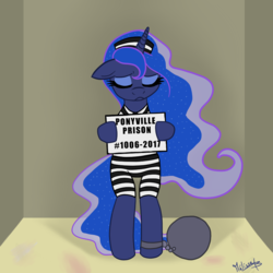 Size: 1000x1000 | Tagged: safe, artist:melissa-b-chan, princess luna, pony, g4, ball and chain, bipedal, clothes, eyes closed, female, hat, missing accessory, prison outfit, prison stripes, sad, sign, solo