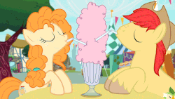 Size: 1920x1080 | Tagged: safe, screencap, bright mac, pear butter, earth pony, pony, g4, the perfect pear, absurd file size, absurd gif size, animated, blushing, boop, bright mac's hat, cutie mark, drinking, duo, eye contact, female, gif, looking at each other, male, mare, milkshake, noseboop, ponyville, sharing a drink, ship:brightbutter, shipping, spaghetti scene, stallion, straight, straw