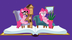 Size: 1920x1080 | Tagged: safe, screencap, pinkie pie, pony, fame and misfortune, g4, book, chair, clipboard, clock, couch, distressed, ears up, fern, flawless, floppy ears, glasses, grandfather clock, groucho mask, lying, painting, paradox, pencil, pinkiatrist, pop-up book, psychiatrist, self ponidox, sitting, stressed, therapist, therapy, troubled, unhappy, writing