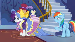 Size: 1920x1080 | Tagged: safe, screencap, rainbow dash, rarity, pony, fame and misfortune, g4, bow, clothes, dress, feather, hat, marshmelodrama, narrowed eyes, petticoat, pointing, scarf, stress couture, stressed, sun hat, terrible, top hat, twilight's castle, unhappy
