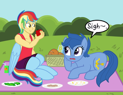 Size: 1024x791 | Tagged: safe, artist:oneovertwo, archer (character), scootablue, oc, oc:icarus, satyr, g4, apple, bread, food, parent:rainbow dash, picnic
