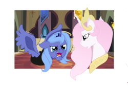 Size: 800x550 | Tagged: safe, artist:wordplay42, princess celestia, princess luna, alicorn, pony, g4, angry, castle of the royal pony sisters, jewelry, open mouth, regalia, s1 luna, spread wings, wings