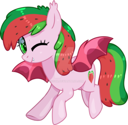 Size: 1024x1000 | Tagged: safe, artist:sugguk, oc, oc only, oc:watermelonie, bat pony, pony, female, mare, obtrusive watermark, one eye closed, simple background, solo, transparent background, watermark, wink