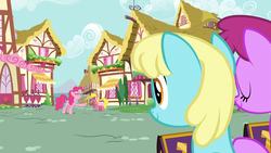 Size: 1920x1080 | Tagged: safe, screencap, berry punch, berryshine, cherry berry, pinkie pie, sassaflash, earth pony, pony, fame and misfortune, g4, angry, eyes closed, friendship journal, house, outdoors, ponyville, saddle bag, shaking hoof, smiling