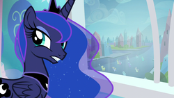 Size: 1280x720 | Tagged: safe, screencap, princess luna, alicorn, pony, g4, the crystalling, crystal empire, cutie mark, female, folded wings, jewelry, looking back, mare, regalia, solo