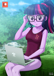 Size: 707x1000 | Tagged: safe, artist:uotapo, sci-twi, twilight sparkle, equestria girls, adorasexy, adorkable, bicolor swimsuit, blushing, clothes, cloud, computer, cute, dork, female, glasses, laptop computer, looking at you, one-piece swimsuit, patreon, patreon logo, purple swimsuit, school swimsuit, sexy, shadowbolts swimsuit, solo, swimsuit, twiabetes