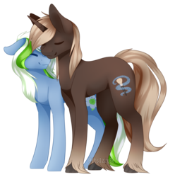 Size: 1024x1032 | Tagged: safe, artist:itsizzybel, oc, oc only, oc:dream contour, oc:petal dancer, earth pony, pony, unicorn, female, male, mare, oc x oc, shipping, simple background, stallion, transparent background