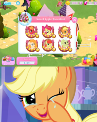 Size: 792x990 | Tagged: safe, edit, edited screencap, gameloft, screencap, apple bloom, applejack, big macintosh, bright mac, granny smith, pear butter, earth pony, pony, g4, the perfect pear, apple family, applejack's hat, balloon, bright mac's hat, cowboy hat, crying, crying on the outside, cute, female, good end, hat, hilarious in hindsight, jackabetes, male, mobile game, reunion, reunited, screenshots, ship:brightbutter, shipping, straight, sweet apple acres, tears of joy, the whole apple family