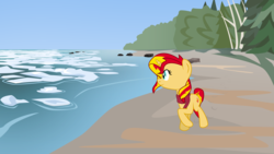 Size: 2870x1614 | Tagged: safe, artist:aaronmk, sunset shimmer, pony, unicorn, g4, beach, clothes, forest, ice, scarf