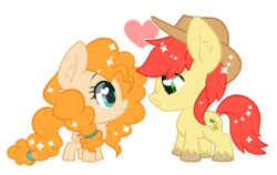 Size: 3079x1948 | Tagged: safe, artist:snow angel, bright mac, pear butter, g4, the perfect pear, chibi, cute, female, heart eyes, looking at each other, male, mare, ship:brightbutter, shipping, simple background, smiling, stallion, straight, transparent background, wingding eyes