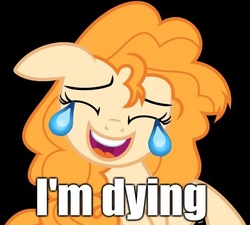 Size: 538x485 | Tagged: safe, artist:cloudyskie, edit, pear butter, earth pony, pony, g4, the perfect pear, black background, crying, dark comedy, emoji, eyes closed, female, floppy ears, image macro, laughing, mare, meme, open mouth, simple background, smiling, we are going to hell, 😂