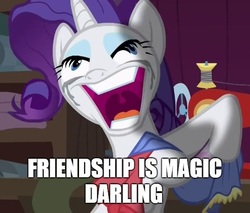 Size: 538x459 | Tagged: safe, edit, edited screencap, screencap, rarity, pony, unicorn, fame and misfortune, g4, crying, darling, derp, faic, female, image macro, insanity, makeup, mare, meme, rarisnap, running makeup, solo, title drop, why i'm creating a gown darling