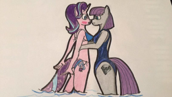 Size: 1024x576 | Tagged: safe, artist:riverstationstudios, maud pie, starlight glimmer, earth pony, unicorn, anthro, g4, bikini, blushing, clothes, female, lesbian, shipping, starmaud, swimsuit, traditional art, water, wrong cutie mark