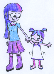 Size: 433x588 | Tagged: safe, artist:rizdub, starlight glimmer, twilight sparkle, fanfic:aftermath of the games, equestria girls, g4, adoption, auntie twilight, child, duo, glimmerdoption, holding hands, mama twilight, this will end in timeline distortion, traditional art, younger