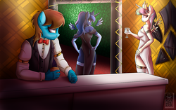 Size: 1280x806 | Tagged: safe, artist:elmutanto, princess celestia, princess luna, oc, oc:sure hoof, alicorn, earth pony, anthro, series:sure hoof, g4, alcohol, angry, casino, clothes, dress, evening gloves, floating wings, gloves, long gloves