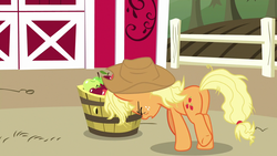 Size: 1280x720 | Tagged: safe, screencap, applejack, earth pony, pony, fame and misfortune, g4, apple, butt, female, food, freckles, mare, messy mane, plot, pushing, raised leg, solo