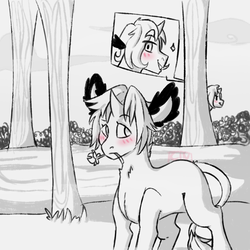 Size: 1024x1024 | Tagged: safe, artist:cinnamonsparx, oc, oc only, oc:koree, oc:pillus, pony, unicorn, blushing, colt, flower, flower in mouth, male, monochrome, mouth hold, partial color