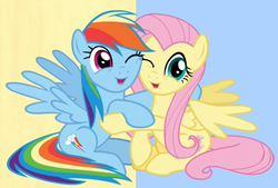 Size: 1308x885 | Tagged: safe, screencap, fluttershy, rainbow dash, pegasus, pony, fame and misfortune, g4, cute, dashabetes, duo, duo female, female, free hugs, hug, looking at you, mare, one eye closed, open mouth, shyabetes, sitting