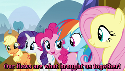 Size: 1920x1080 | Tagged: safe, edit, screencap, applejack, fluttershy, pinkie pie, rainbow dash, rarity, pony, fame and misfortune, g4, caption, flawless, remane five, smiling, text