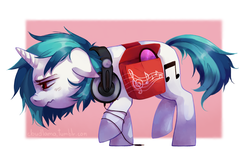 Size: 1850x1225 | Tagged: safe, artist:cloudlama, dj pon-3, vinyl scratch, pony, g4, abstract background, commission, female, floppy ears, headphones, mare, nose wrinkle, saddle bag, scrunchy face, simple background, solo, sunglasses, tired, wavy mouth
