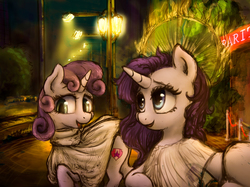 Size: 3867x2900 | Tagged: safe, artist:plotcore, rarity, sweetie belle, pony, unicorn, g4, atg 2017, clothes, female, high res, mare, newbie artist training grounds, night, smiling, streetlight