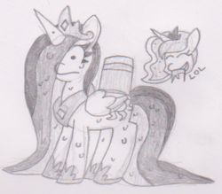 Size: 503x440 | Tagged: safe, artist:threetwotwo32232, princess celestia, princess luna, alicorn, pony, g4, bucket, clothes, crown, giggling, horn, jewelry, lol, monochrome, necklace, newbie artist training grounds, o.o, pencil drawing, prank, princess luna laughs at your misery, regalia, royal sisters, shoes, this will end in tears and/or a journey to the moon, traditional art, wet, wet mane, wings, xd
